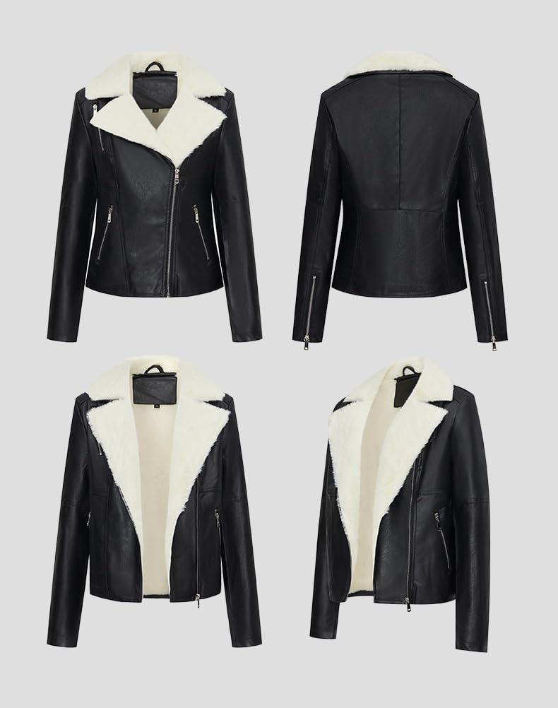 Abrigo De Invierno para Mujer con Forro De Piel Sintética Cálido Y Grueso Estilo Motero con Forro De Sherpa. Chaqueta De Cuero Estilo Aviador.