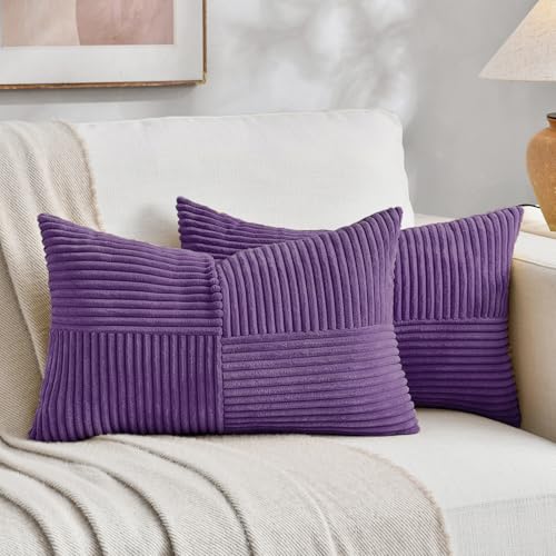 Image of Fancy Homi Set of 2, Purple Patchwork Corduroy Decorative Soft Striped Modern Accent Cushion Case Farmhouse Boho Neutral Throw Pillow Covers for Chair Couch Bed Sofa Living Room 28x20 Inch