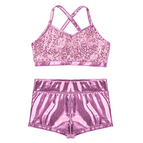 Image of easyforever Kids Girls 2PCS Shiny Mermaid Scales Ballet Dance Outfit Crop Top with Short Tankini Swimsuit