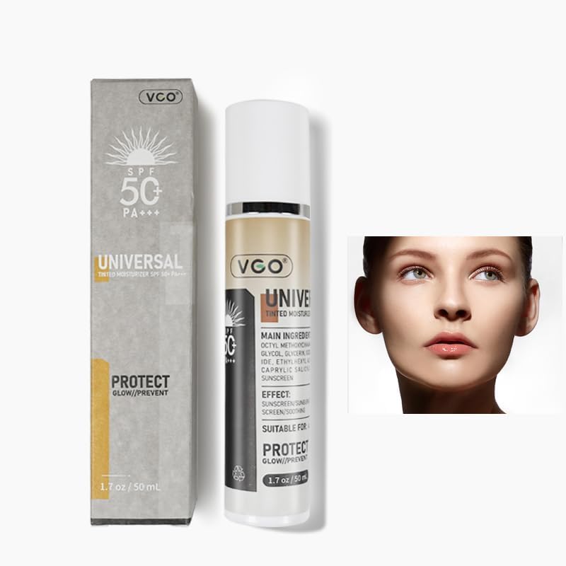 VGO Protector solar tintado con SPF 50, protector solar hidratante facial hidratante, base de maquillaje universal contra los rayos UVA y UVB, 1.7