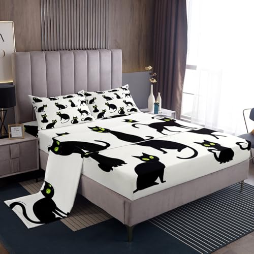 Homemissing Lindo juego de sábanas de Halloween para decoración de habitación de niños, diseño de gato aterrador, vintage, con sábana bajera ajustable de bolsillo profundo, tamaño King, color negro, 4