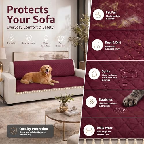 Image of Lukzer Quilted Sofa Cover Mat with Tassels for 3 Seater Sofa - Cranberry Red | Soft Washable Anti-Slip Protector for Living Room | Furniture Cover for Back-Seat Slipcover 180X150CM / SC-194-3T