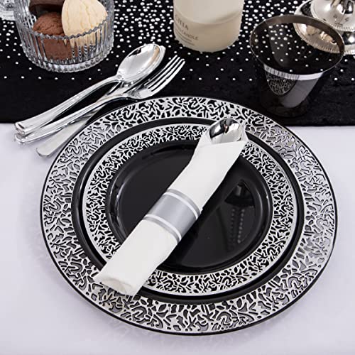 Noccur 210Pcs Black And Silver Plastic Plates With Plastic Prewrapped Silverware And Silver Cups - Lace Design Disposable Plastic Dinnerware New Year's Plates--Ideal For All Occasions #TOP1