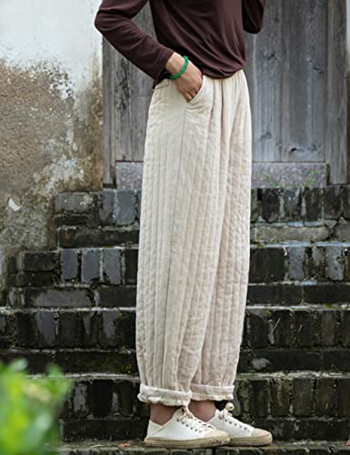 NFYM Women Winter Thick Pants Warm Quilted Cotton Linen Elastic Waist Wide Leg Capris Trousers4