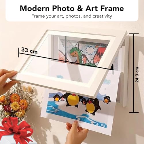 Image of Nostrae by Ekhasa Kids Art Frame Display and Storage | Kid Drawing Storage Case for Walls | Clap Art Display for Kids | Kids Drawing Storage | Magnetic Wooden Open Frame (White, 9.2x12.6 inch)