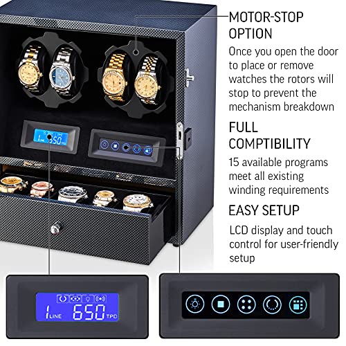 Image of 4 Watch Winder with 5 Watch Storage Space, LCD Display, Touch Control and Interior Light