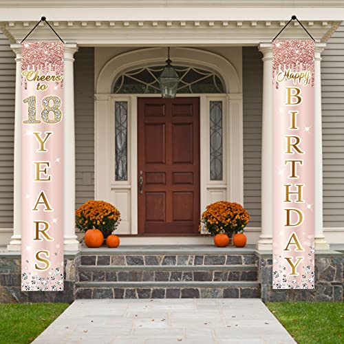 Image of 18th Birthday Door Banner Decorations for Girls, Pink Rose Gold Happy Eighteen Birthday Door Porch Backdrop Party Supplies, Happy Birthday Cheers To 18 Years Sign Decor
