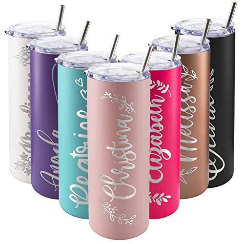 Personalized Skinny Tumblers with Lid, Gifts for Her 20 oz Light Pink, 12 Designs | Custom Engraved Tumbler w Name - Personalized Cups - Gifts for Women, Double-Walled Stainless Steel
