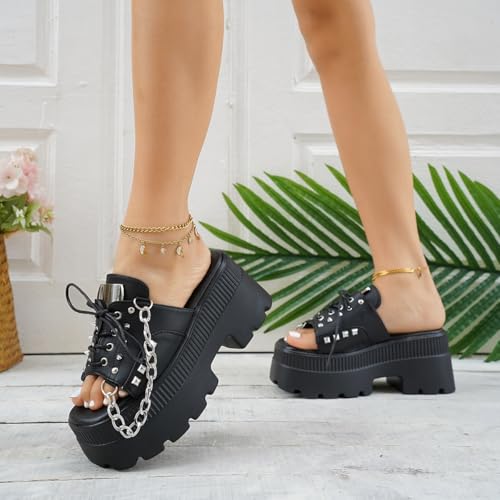 Image of Gothniero women black platform sandals goth chunky wedge heel summer sandals girls gothic punk platform sandals for women metallic spider buckles slides size 5.5-11