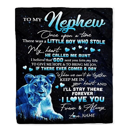 TeesNow Personalized to My Nephew Lion Blanket from Aunt Auntie I'll Stay There Forever Nephew Birthday Graduation Christmas Customized Bed Quilt Fleece Blanket (50 x 60 in Youth Size)