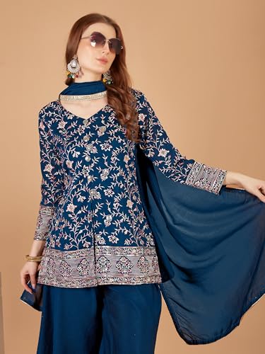 Image of Xomantic Fashion Womens Beautiful Silk Short Kurta Palazzo in Blue with embroidery and sequins work with show buttons