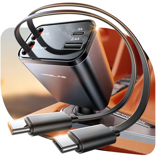 MRGLAS Retractable Car Charger USB C for iPhone with Dual Type C Cables, [Upgraded] 4 in 1 69W Fast USB C Car Adapter, Car Accessories Car Phone Charger for iPhone 16/15, iPad, Samsung Galaxy, Pixel