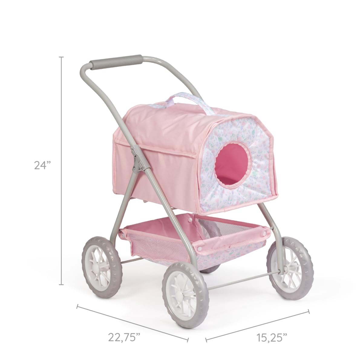 JC Toys Wózek spacerowy dla zwierząt domowych, z koszem, zdejmowanym nosidełkiem dla lalek i pluszaków do 51 cm, idealny do zabawy i spacerów, różowy, kolekcja kwiatowa, zaprojektowany przez