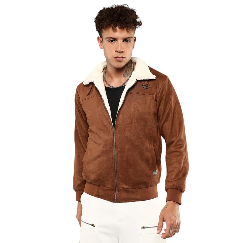 Image of CAHOOT Men's Brown Zip-Front Jacket With Fleece Detail For Casual Wear | Long Sleeve | High Neck | Zipper Closure | Suede Jacket Crafted With Comfort Fit For Everyday Wear
