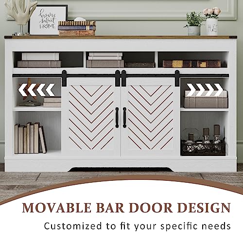 Image of RoyalCraft Farmhouse TV Stand with Sliding Barn Door for TVs up to 65+ Inch, 34 inch Tall Entertainment Center, Wood Media Console Storage Cabinet for Bedroom, Living Room, White and Rustic Oak