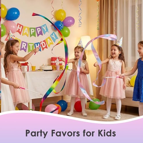 Image of YGEOMER 2Pcs Dance Ribbons for Kids, 1 Neon Rainbow Gradient & 1 Sparkling Pink & Blue Gymnastics Ribbon Wands, Ballet Party Favors for Girls, Birthday Performance Props