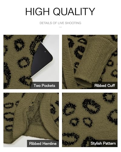 BTFBM Leopard Cardigan for Women Long Sleeve Open Front Cardigans Sweaters Pockets Loose Knit 2026 Fall Winter Outwear(Army Green, Large) — view 6