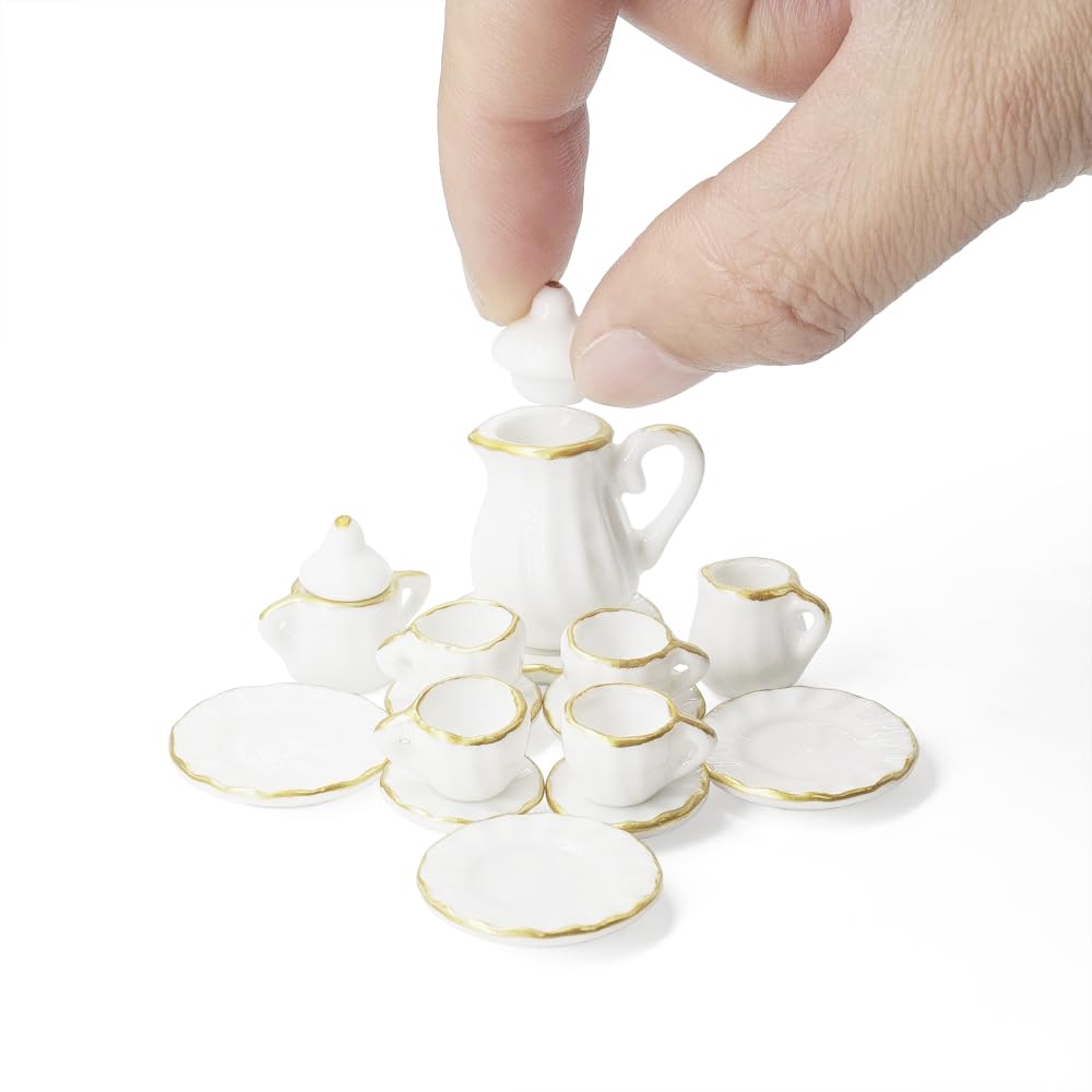 Odoria Dollhouse Tea Set Miniature : 1/12 Scale China Teapot Party Drinking Kitchen Living Room - Mini Tea Cup Service Porcelain - Tiny Saucer Dish Plate Victorian Vintage White Golden Trims