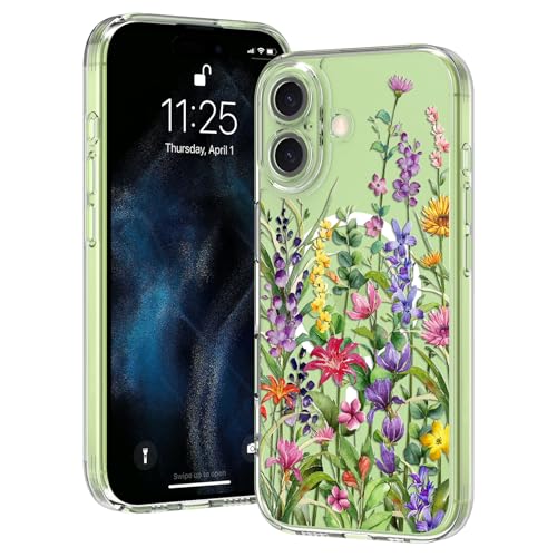 OOK Magnetic for iPhone 17 Case, Clear Cute Flowers Floral [Not Yellowing][Screen Protector] [ MagSafe Compatible ] with Full Camera Lens Military-Grade Protected, Colorful Flowers 6.1-Inch