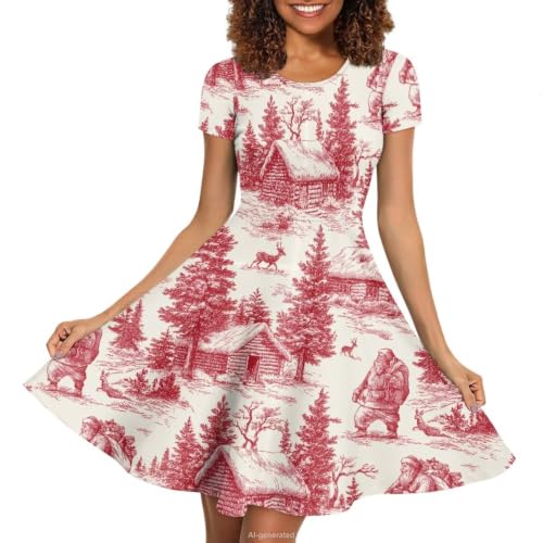 Image of POLERO Women Puffy Swing Elegant Party Midi Dresses Short Sleeve Round Neck A-Line Dress
