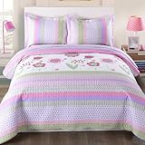 MarCielo 3 Piece Kids Bedspread Quilts Set Throw Blanket for Teens Girls Bed Printed Bedding Coverlet, Full Size, Purple Floral Striped (Full)