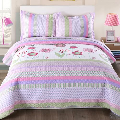 Image of MarCielo 3 Piece Kids Bedspread Quilts Set Throw Blanket for Teens Girls Bed Printed Bedding Coverlet, Full Size, Purple Floral Striped (Full)