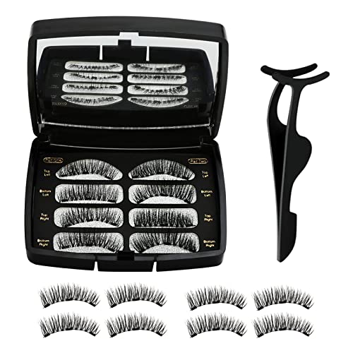 Allnice Magnetic Eyelashes Dual Magnets False Eyelashes Reusable 3D No Glue 3 Fake Lashes Extension with Tweezers for Women Makeup Natural Look 8 Pieces / 2 Pairs
