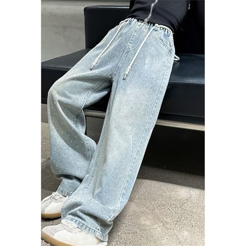 Girls Baggy Pearl Print Jeans 𝐃rawstring Elastic High Waisted Casual Denim Pants Wide Leg Trousers with Poket3