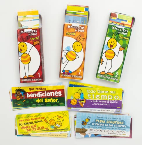 Image of Pechi Paquete de 3 cajitas de Semillitas de Dios - (Spanish Mini Bible Verses) Mini mensajitos con versiculos biblicos cada postal es un diseno distinto. (Coleccion 1-3 cajitas)