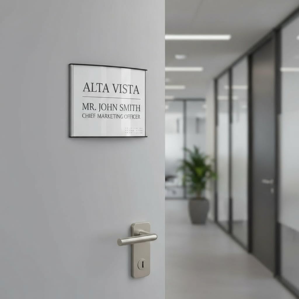 Altavista System & Signs Set of 5, Office Door/Wall NAMEPLATE Sign Frame Display Curvature Design Silver Holder (100 mm W x 100 mm H), Silver, Clear