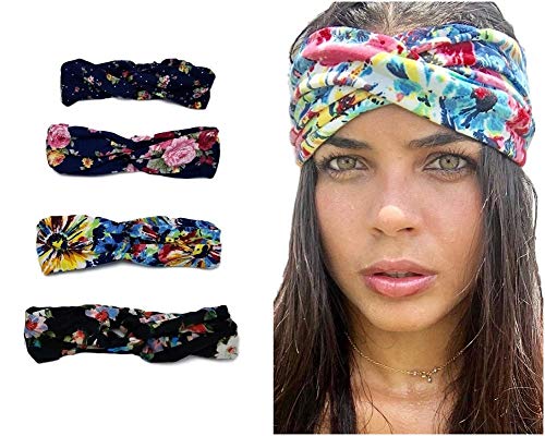 Women's 4 Pack Head Wrap Headband Elastic Boho Flower - Soft Quality (Dark)