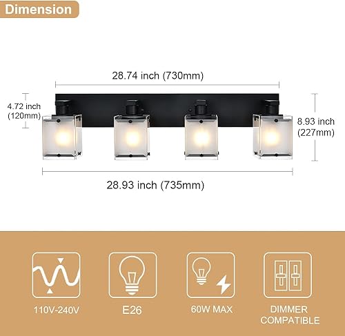Miniatura 4 de WINSHEN Iluminación de tocador de baño con 4 luces sobre el espejo, lámparas de pared de baño negras con pantalla de vidrio rectangular esmerilado