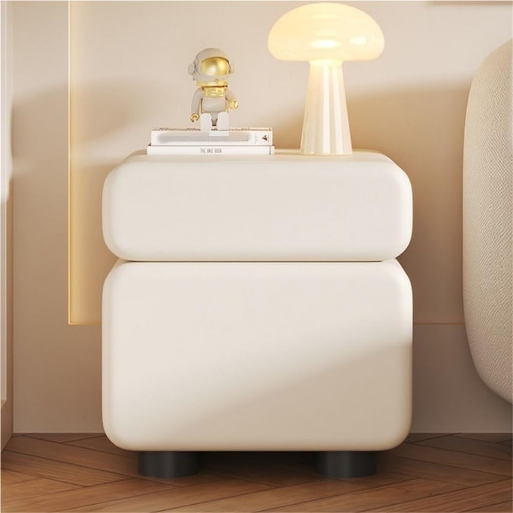 Wood Bedside Table with Two Drawers, Leather Wrapped Hidden Pull Design, Modern Storage Side Cabinet for Bedroom and Living Room Spaces(White,48cm/18.9in)