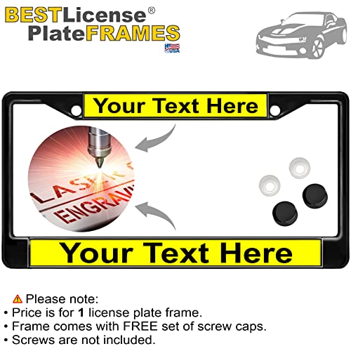 Image of Custom Personalized Black Powder-Coated Metal Laser Engraved Standard Size - Car /Automobile License Plate Frame with Free caps - Yellow /Black Text (Qty: 1 Frame)