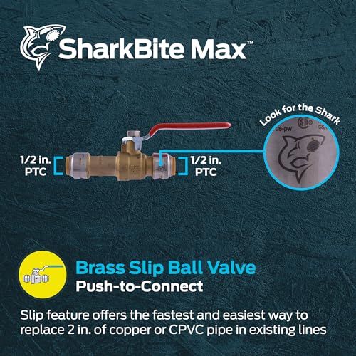Image of SharkBite Max 1 /2 x 1 /2 Inch Slip Ball Valve, Push-to-Connect Brass Plumbing Fitting, Copper, CPVC, UR24735