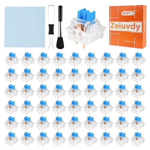 90 Pcs Blue Clicky Keyboard Switches, 3D Printer Keyboard Switch Set with Audible Click Tactile Feel, 3Pin Compatible for DIY 3D Print Clicker, Includes Keycap Puller Cleaning Brush & Cloth
