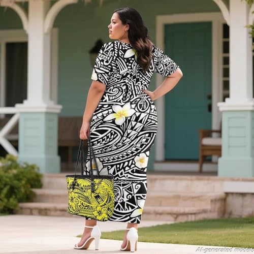 Image of Polynesian Dress for Women Short Sleeve High Waist Maxi Skirt | Puletasi dress, t-shirt and skirt two-piece, elastic material, lightweight, soft, plus size, luau party, wedding, clubwear