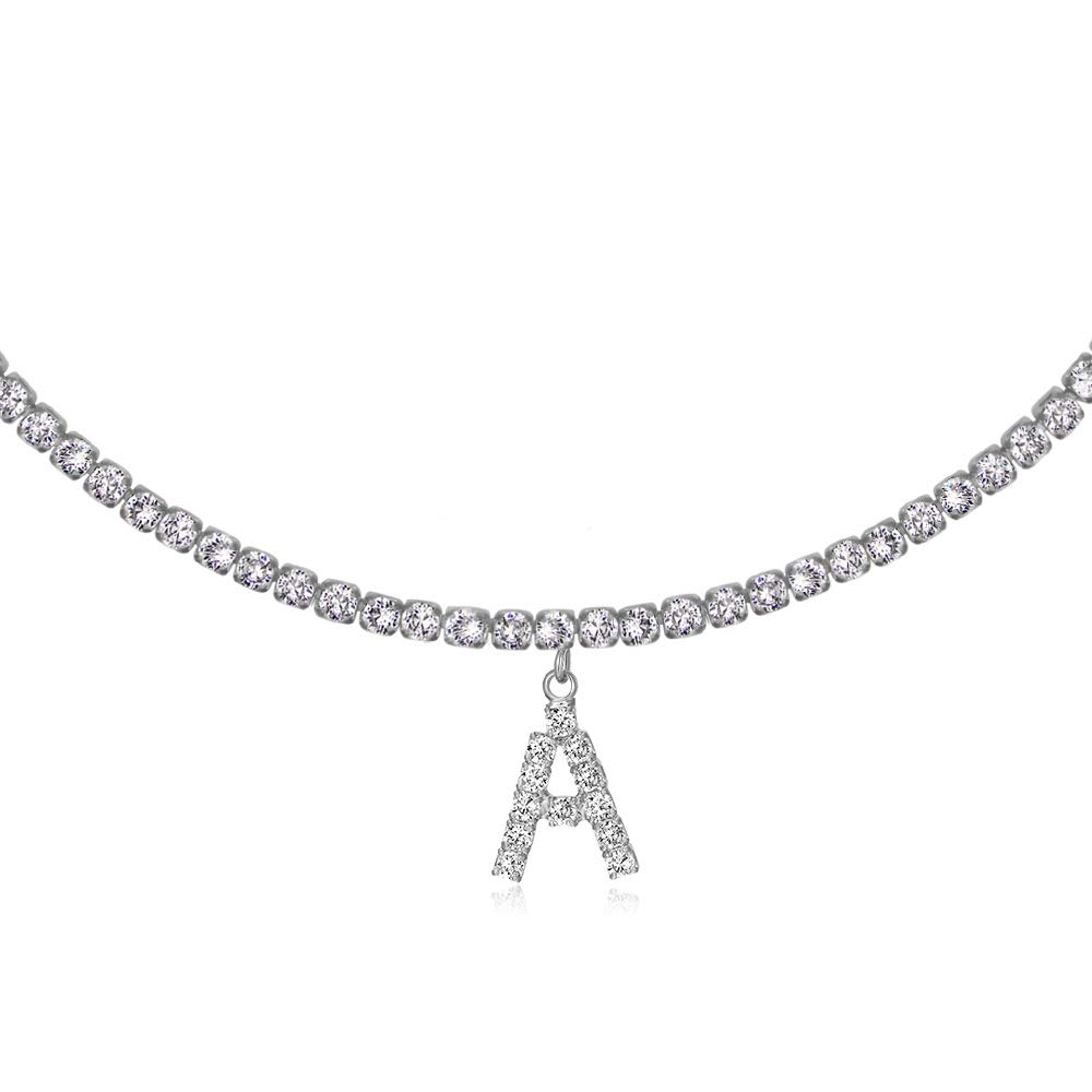 Letter Necklace 14k Gold Plated Tennis Chain Initial Choker Bling Iced CZ Diamond Necklace for Women