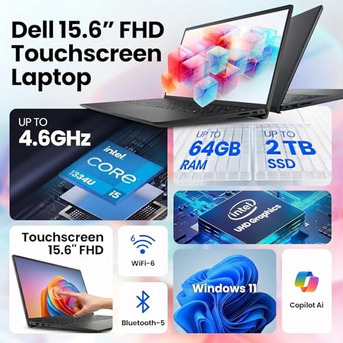 Image of Dell 15.6 Touchscreen Business Laptop | Intel 10-Core i5(Beat i7-1250U) | 64GB DDR5 | 1TB SSD | AI Copilot | Wi-Fi 6 | Windows 11 | for Work & Study