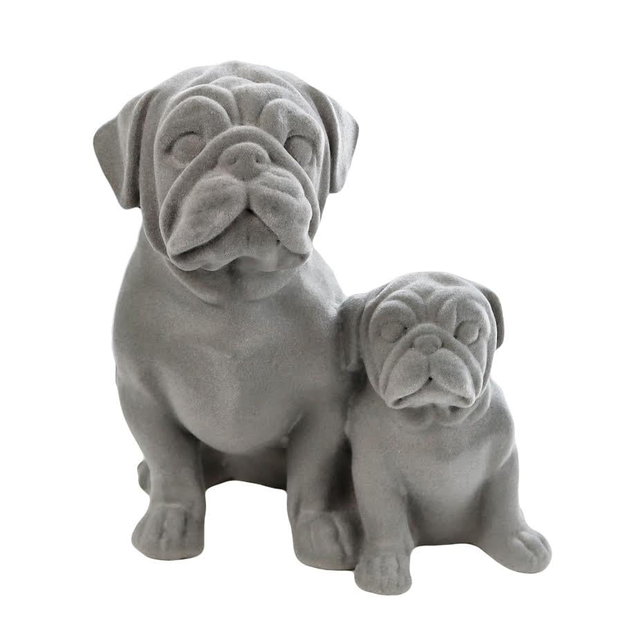 Darthome Pug Pair Ornament 18cm Grey Velvet Resin Modern Sitting Dog And Baby Sculpture Art