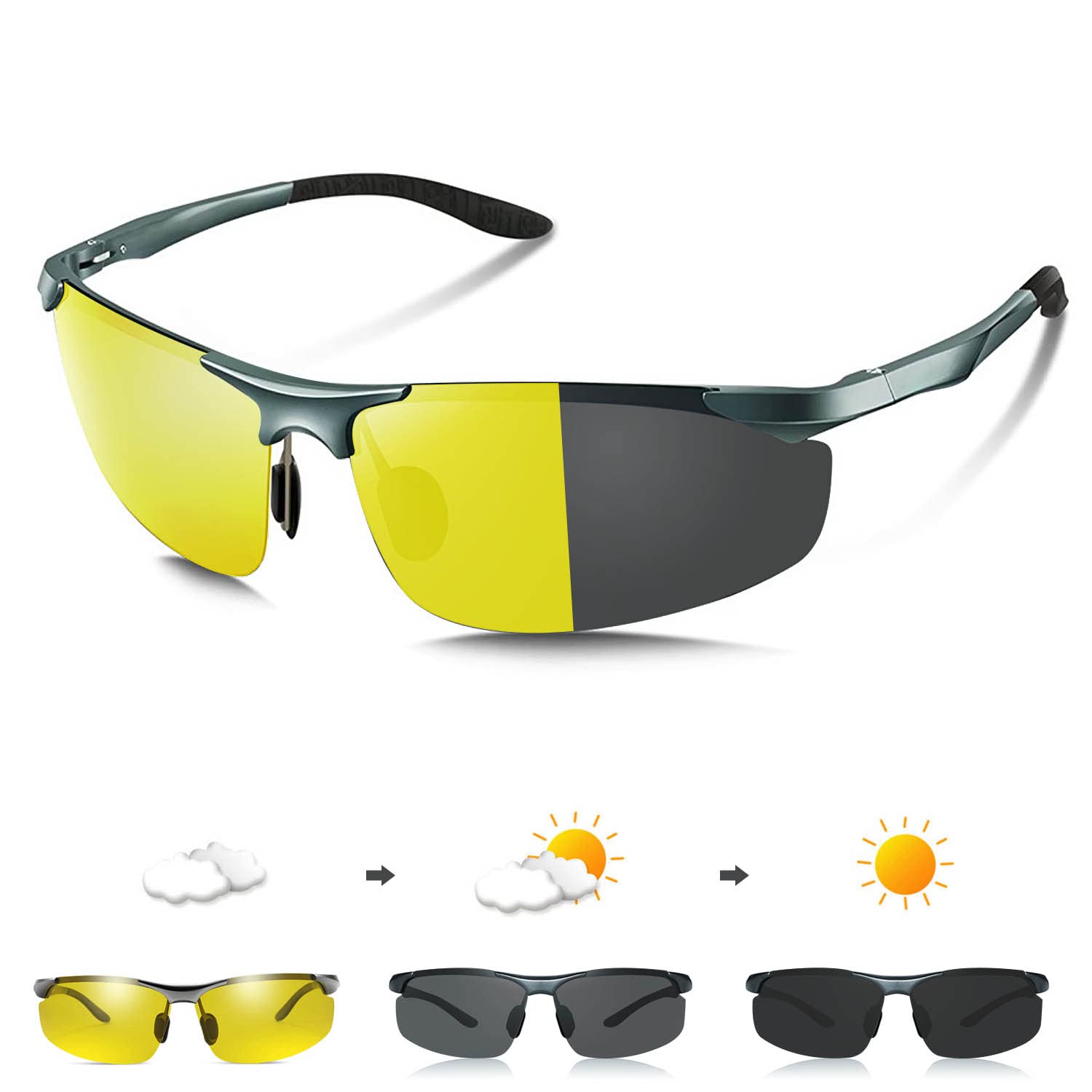 [YAYGOD] 調光サングラス 夜間増光 昼夜兼用 偏光サングラス [快速変色/紫外線カット/超軽量/] 調光レンズ スポーツサングラスUV400 釣り ゴルフ 野球 夜間 運転 ドライブアウトドア 登山 変色グラス