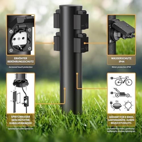 ledscom.de 2 Stück Garten Steckdosensäule PORU für außen, IP44, 4-Fach, Edelstahl, schwarz, rund, 39 cm