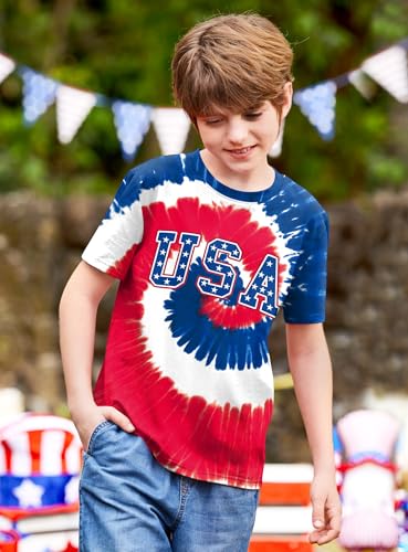 Image of BesserBay Unisex Kids 4th of July American Flag Tee Tie Dye Patriotic Short Sleeve Shirt 6-14 Years