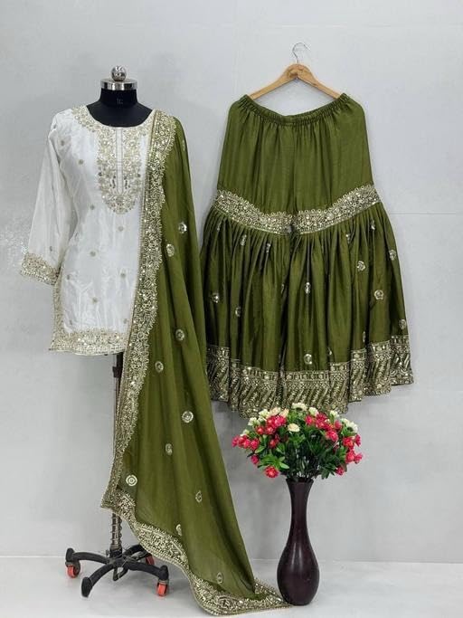 Image of Shishkala Women's Off-White Embroidered Kurta with Green Sharara & Dupatta Set - 3 /4 Sleeve, Round Neck, Above Knee Length | Party | Wedding