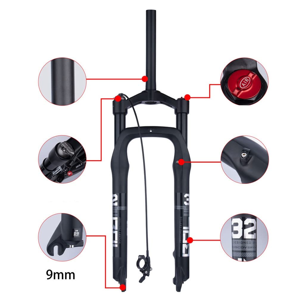 Horquilla De Suspensión De Bicicleta De Nieve De 26x4,0'' MTB Horquilla De Aire Gruesa 110mm De Viaje 28,6mm Tubo Recto Bicicleta Eléctrica Horquilla QR 9x135mm, Bloqueo Remoto (Color : Black)