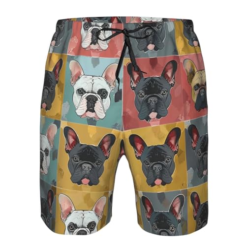 Men's Quick Dry Swim Shorts French Bulldog Colorful Square Patchwork Vintage Beach Trunks with Pockets3