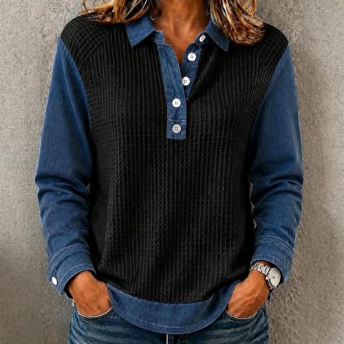 Waffle Tops for Women Denim Patchwork Collared Button Fashion Pullover Tops - image 5