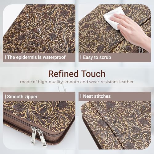 FORTAVEM Western Vintage Floral Embossed Faux Leather Zippered Padfolio with 3 Ring Binder, Executive Portfolio Organizer Binder for Women, Fits 13.9\" Laptop/Tablet, Refillable Writing Pad Pocket - Thumbnail 4