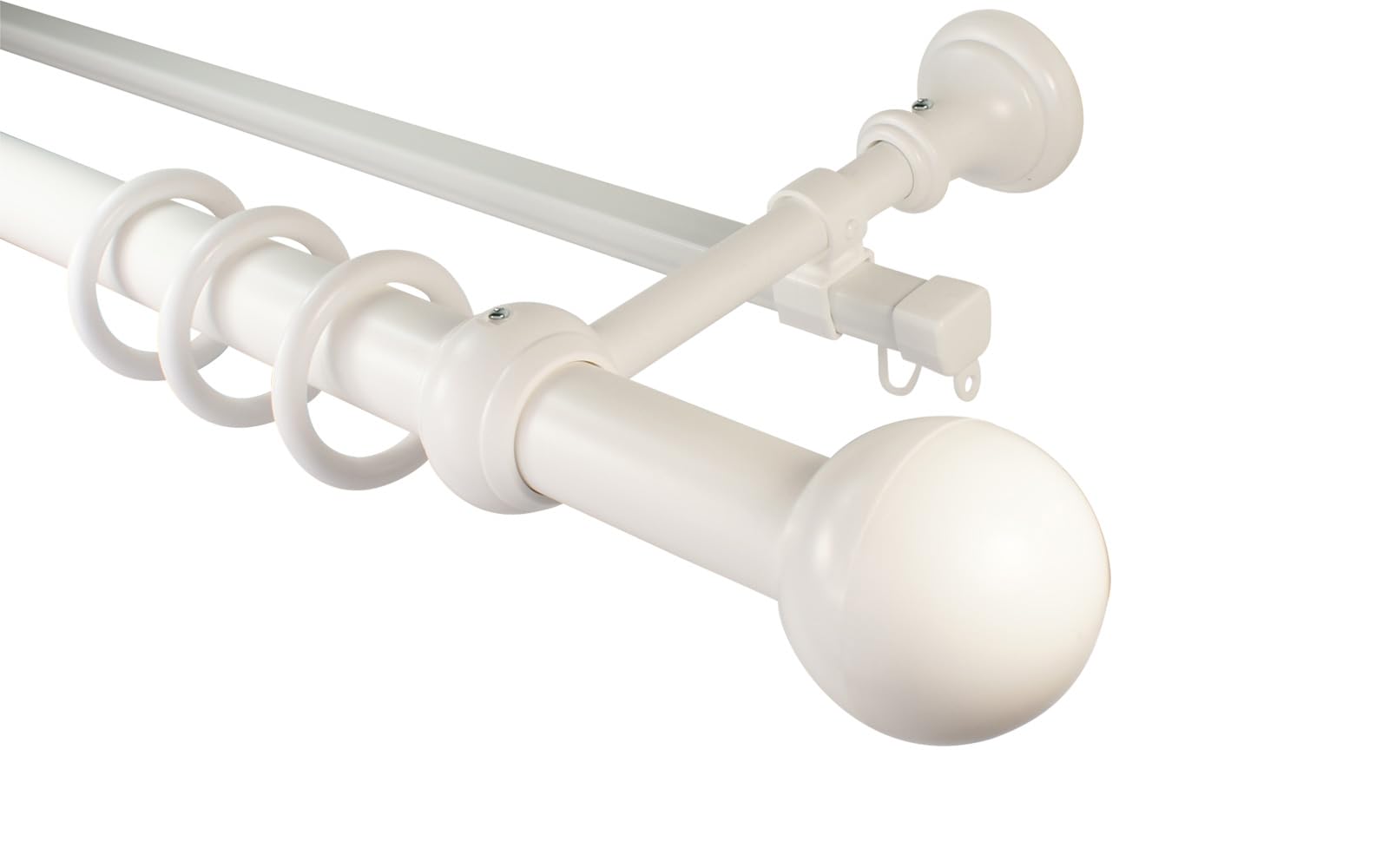 iso-design Gardinenstangen weiß 2-läufig mit U-Storelauf aus Metall und Kunststoff mit 28 mm Durchmesser Endstück Kugel, Gardinenstange mit U-Schiene, 320 cm (mittig geteilt)