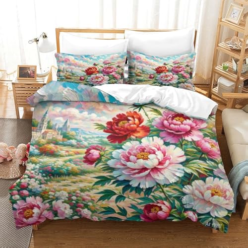Housse de couette pivoine 3D avec fermeture éclair cachée linge de lit doux - 3